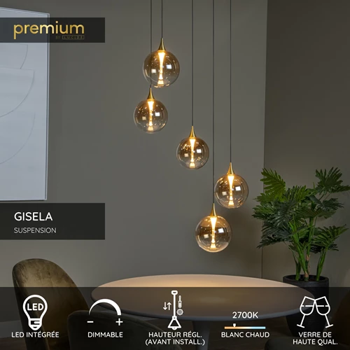Lucide GISELA - Suspension - Ø 48 cm - LED Dim. - 5x3,8W 2700K - Ambre | Premium - USP